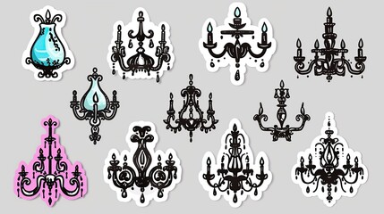 Fototapeta premium Graffiti stickers collection, isolated cartoon Chandelier, white background, vector graphics in clip art style, generated AI