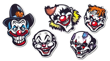 Graffiti stickers collection, isolated cartoon clown, white background, vector graphics in clip art style,  generated AI