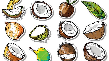 Graffiti stickers collection, isolated cartoon Coconut, white background, vector graphics in clip art style,  generated AI