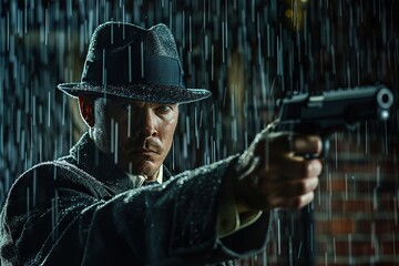 Fototapeta premium Portrait of a young gangster with a gun in the rain, Ai generated