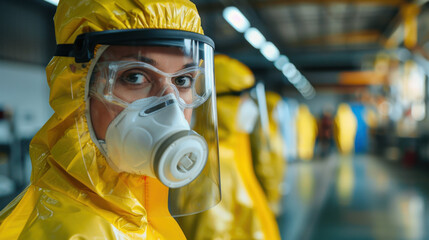 Close-up of a scientist wearing a yellow protective suit, face mask, and goggles in a laboratory setting.