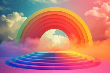 Rainbow color podium with clouds, Fantasy, Ai generated