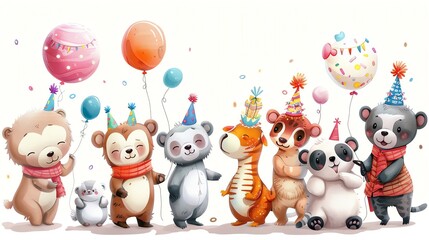 Obraz premium Cute cartoon animals dressed up in party hats with balloons.
