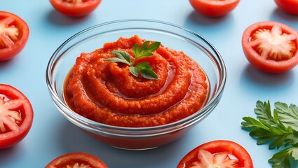 Tomato paste is in a glass bowl