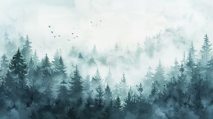Watercolor Illustration of Foggy Forest: Winter Wilderness