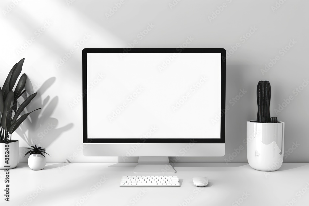 Poster a computer monitor sitting on a white desk, with a straightforward and clean design