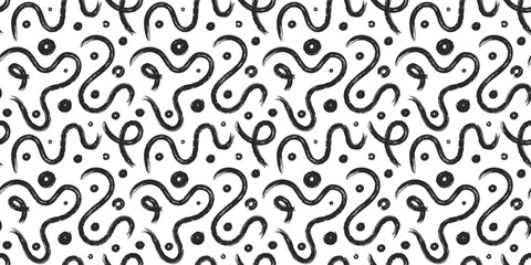 Doodle scribbles seamless pattern. Hand drawn marker curved lines and dots ornament. Black squiggles Abstract vector back, seamless texture for background, textile, wrapping paper