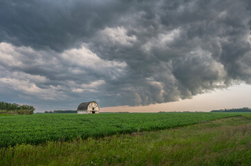 Evening light on an old barn in a wheat field near the village of Langenburg, Saskatchewan, Canada