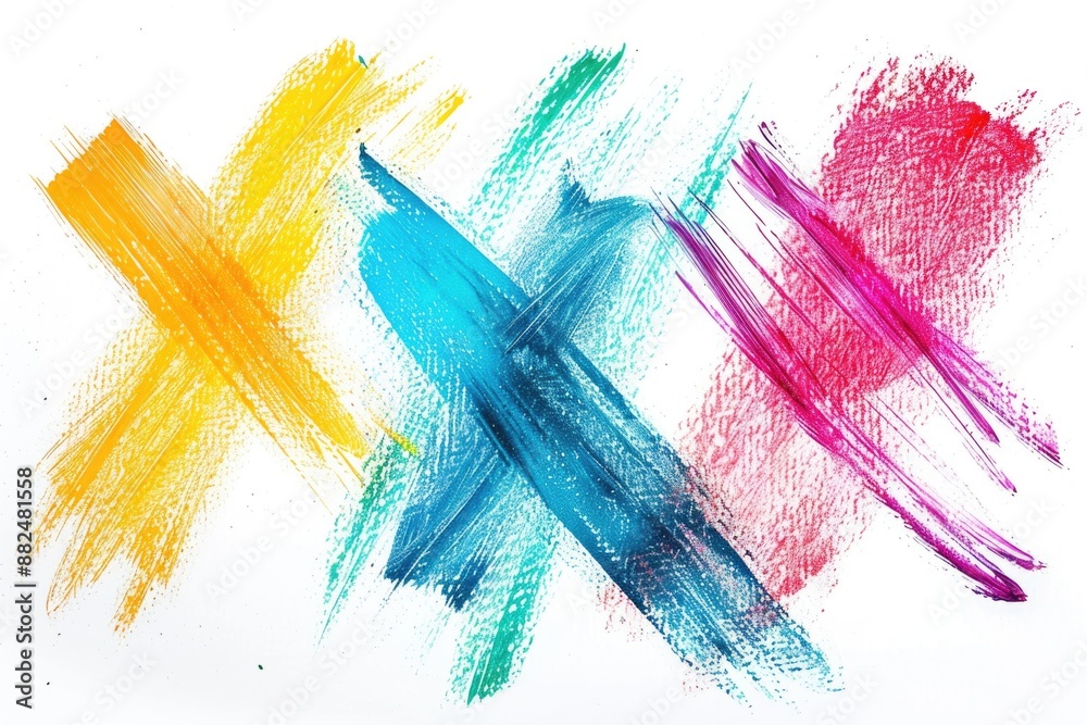 Poster close-up of three differently colored crayons placed on a white surface