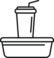 Line art icon of a disposable cup with a straw standing on a lunch box, representing a takeaway meal
