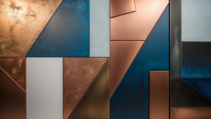 Metallic wall panel textures in copper, blue, and white, arranged in geometric patterns