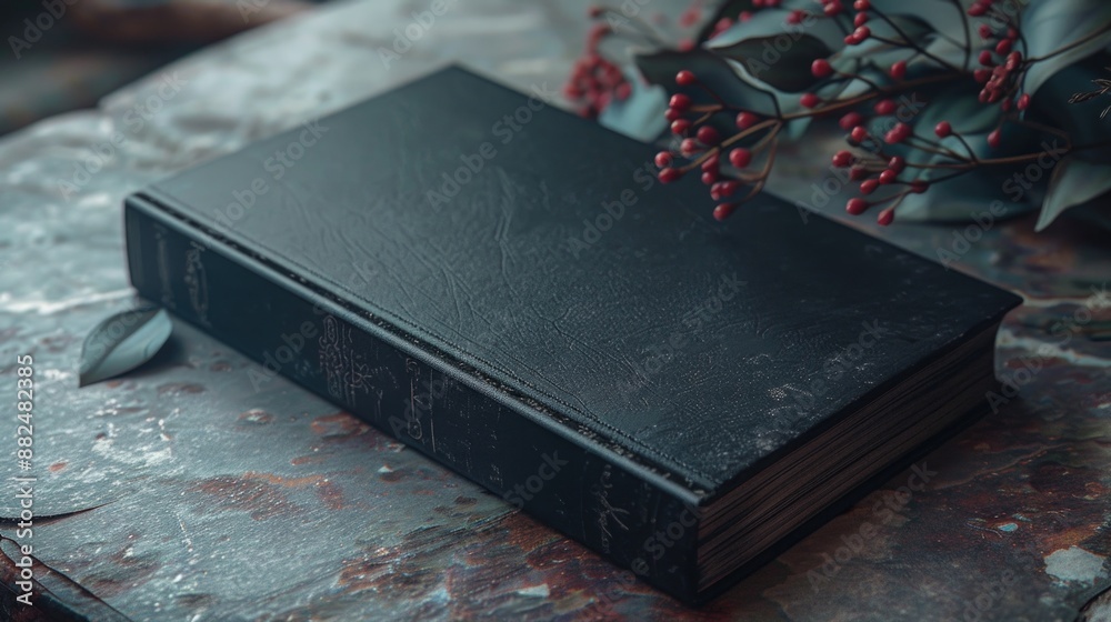Aufkleber a black book resting on top of a table, often used as a decorative or symbolic element