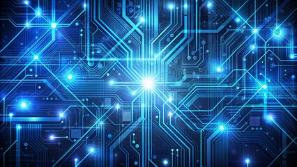 Dark blue futuristic digital grid background with bright blue lines, circuit boards, and computer elements for tech-themed banner design.