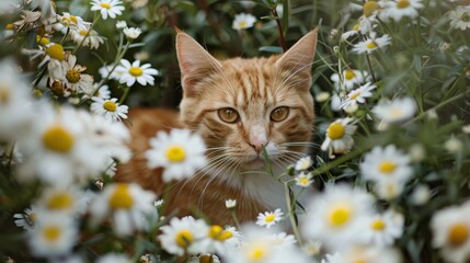 cute ginger cat sits in daisy flowers