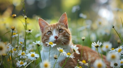 cute ginger cat sits in daisy flowers