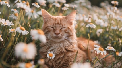 cute ginger cat sits in daisy flowers
