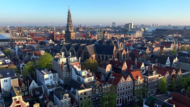 Amsterdam Historical Center Aerial morning View. Red light district and Old church in Amsterdam, the Netherlands.