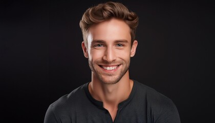 Fototapeta premium Smiling Young Man in Dark Shirt Portrait