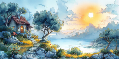 新緑の草原の背景イラスト