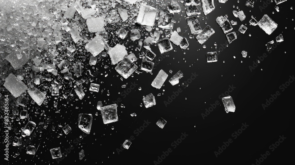 Poster photograph of transparent ice cubes on a dark background, highlighting their unique shape and textur