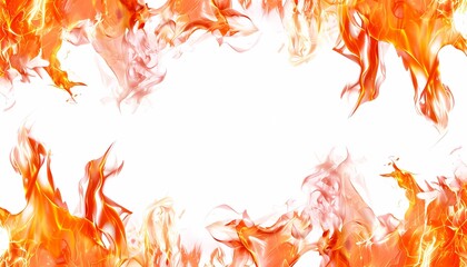 A dynamic fire border isolated on a white background, with vibrant flames flickering in shades of red, orange, and yellow.