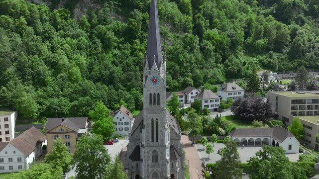 Vaduz Cathedral in City Center Aerial shot at Summer Day, capital of Principality of Liechtenstein, Europe.