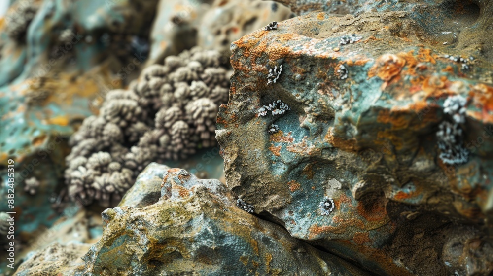 Poster A close-up shot of a rock formation with multiple smaller rocks in the background, ideal for use in environmental or geological context