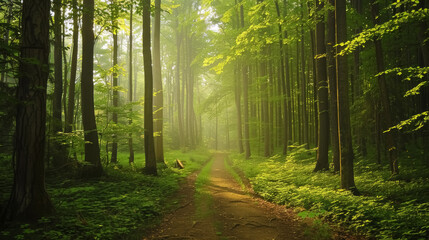 Obraz premium sunlit forest path with lush green trees for tranquil nature backgrounds