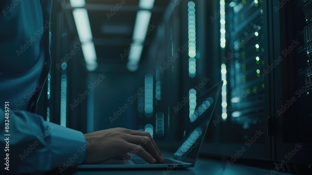 Poster a person working on a laptop in a server room, with computer equipment and storage racks