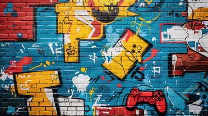Fototapeta premium A vibrant brick wall covered in colorful street art featuring iconic gaming references and cartoonish characters in a dynamic and lively scene