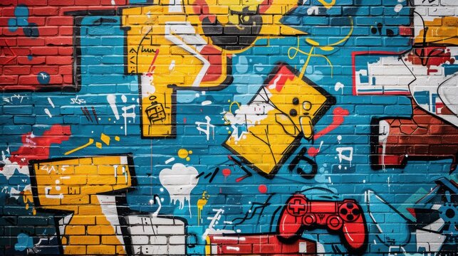 A vibrant brick wall covered in colorful street art featuring iconic gaming references and cartoonish characters in a dynamic and lively scene