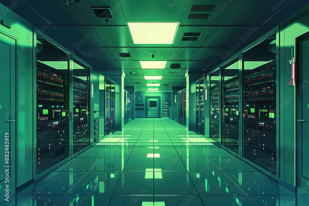 Poster A long hallway with rows of servers inside a data center