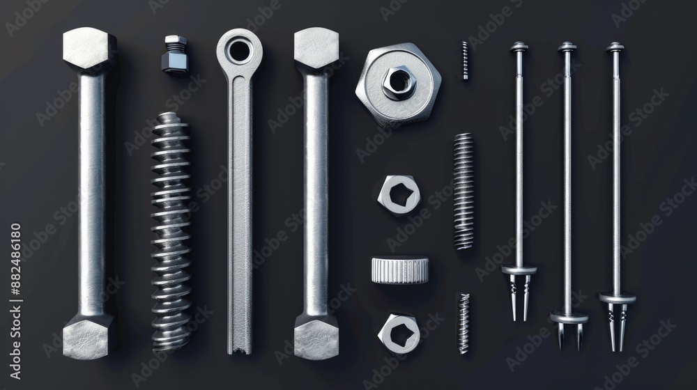 Poster a collection of various screws and nuts displayed on a dark, uniform background