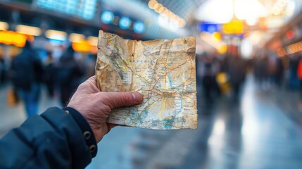 Close-up of a traveler's hand holding a worn-out map, navigating directions in a busy train station filled with diverse passengers
