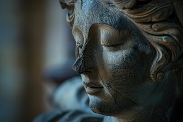 A detailed view of a female figurine's facial features, perfect for artistic or historical context uses