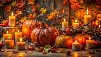 Vibrant orange pumpkins surround mystical candles, autumn leaves, and twisted vines in a hauntingly beautiful, eerily lit Halloween setting.