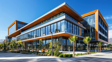 Obraz premium Contemporary office building with extensive glass windows and wooden accents, surrounded by palm trees under a clear blue sky.