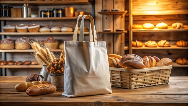 Elegant canvas tote bag mockup sits isolated on rustic wooden counter amidst warm bakery ambiance with subtle natural lighting.