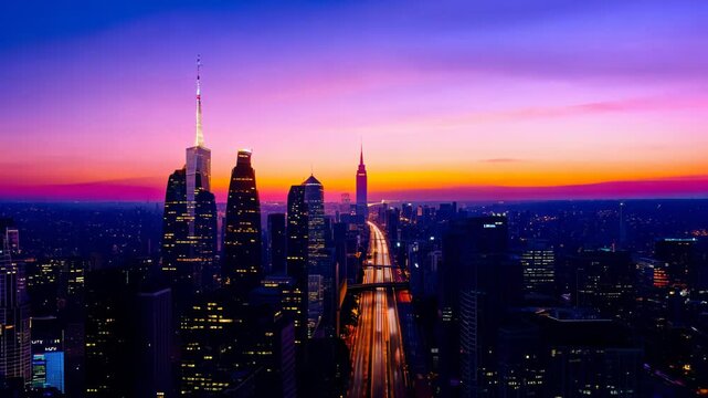 Iconic New York skyline bathes in golden sunset glow. Hyper-lapse accelerates day into night, skyscrapers silhouetted against rapidly changing sky. 