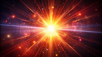 Naklejka premium Vibrant crimson lens flare radiates from the center of a dark background, illuminating scattered particles and creating a warm, cosmic ambiance.