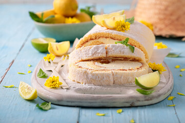 Tasty mango swiss roulade made of tropical fruit.