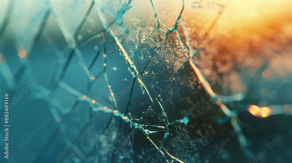 Poster A close-up view of a broken glass window with shards scattered around
