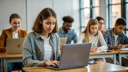 Group of multiethnic students sitting at desks and using laptop in classroom