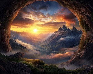 Fototapeta premium A Majestic Mountain Panorama Revealed Through a Mysterious Cave Entrance, Explore the Enigmatic Journey of Adventure and Discovery