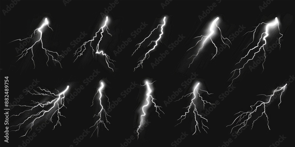 Poster A close-up shot of multiple lightning flashes illuminating a dark background, suitable for use in science or technology-related contexts