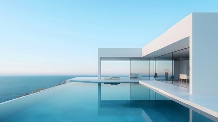 Obraz premium Modern minimalist sustainable house with a clear blue pool with sleek white walls, and a serene sky backdrop. 