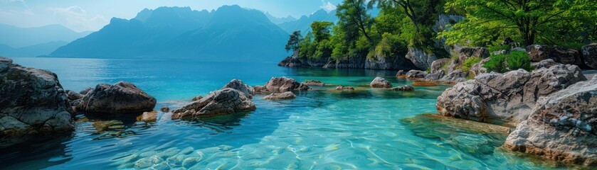 Fototapeta premium Serene Lake with Crystal-Clear Waters, Surrounded by Lush Greenery and Majestic Mountains, Providing the Perfect Setting for Aquatic Adventures and Tranquil Relaxation