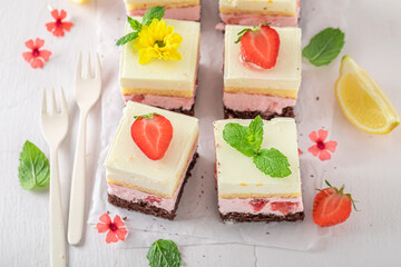 Homemade and fresh strawberry sponge cake with lemon and strawberries.