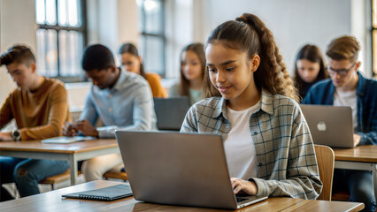 education, high school, technology and people concept - group of smiling students with laptop computers in classroom