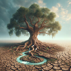 A majestic tree with sprawling roots stands near a serene water stream